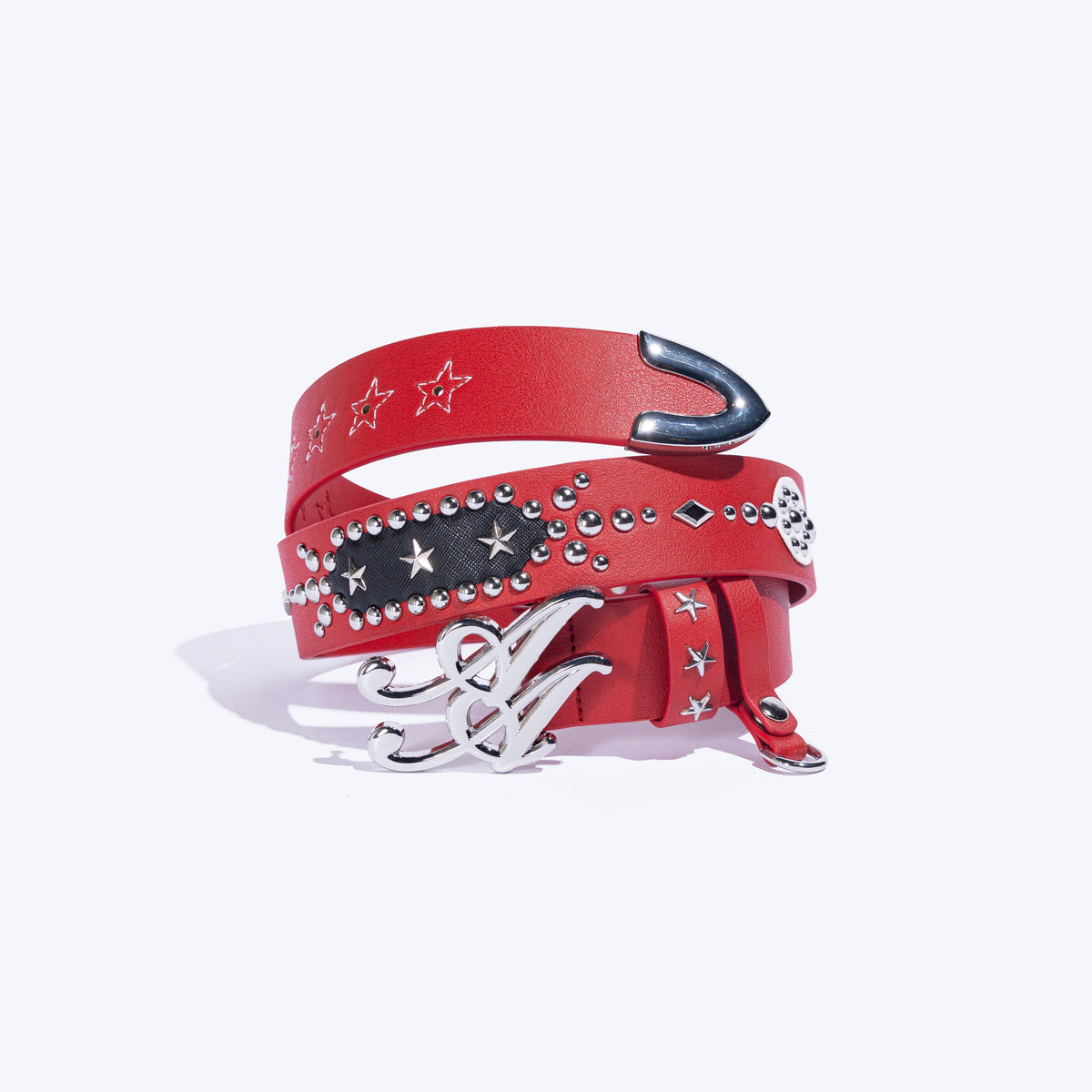 Ad Astra Emblem cherry red studded belt with AA buckle