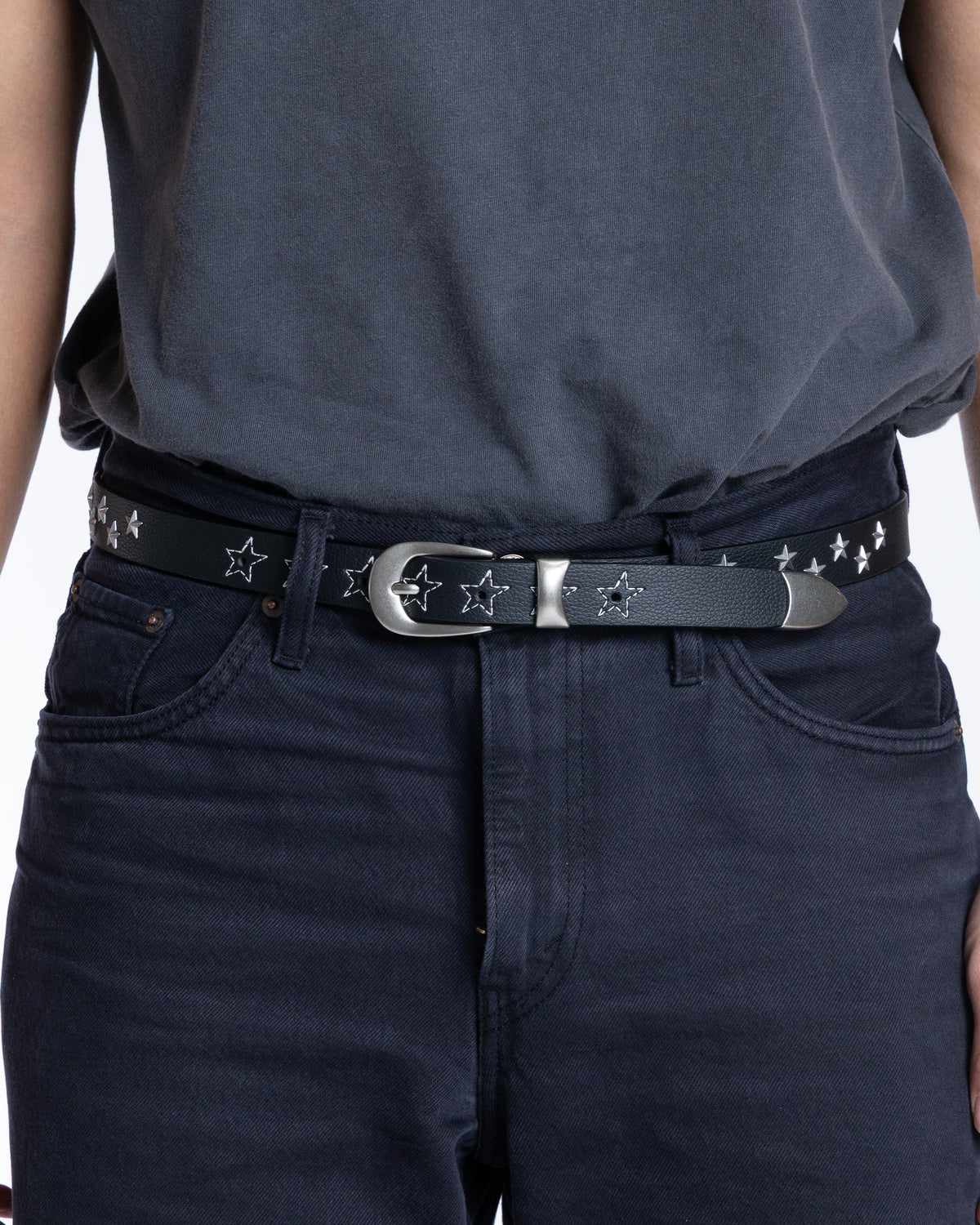 Ad Astra Noir skinny black vegan leather star stud belt, view 5