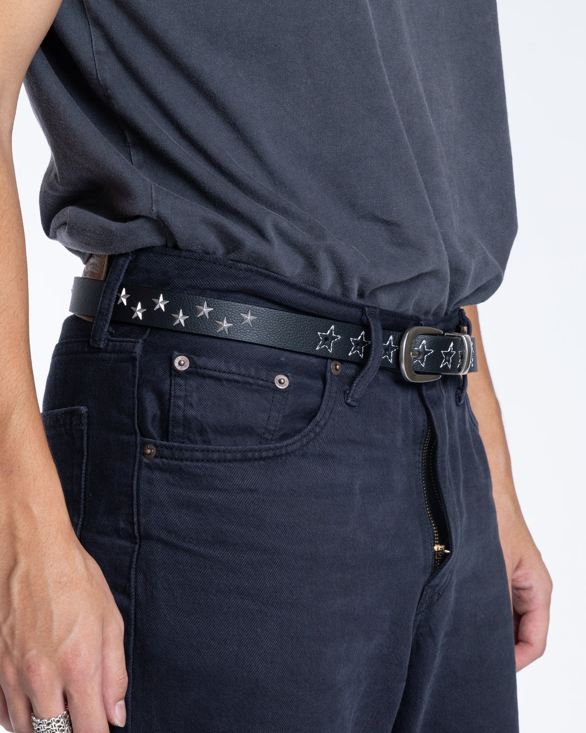 Ad Astra Noir skinny black vegan leather star stud belt, view 6