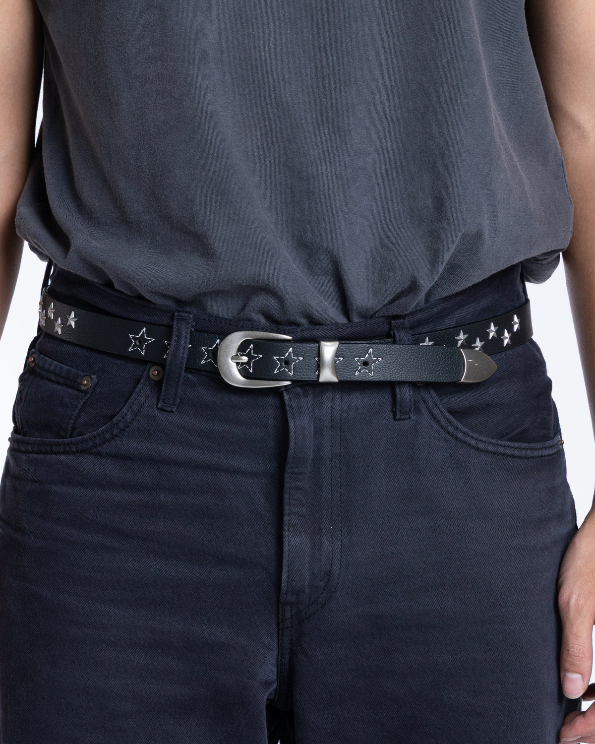 Ad Astra Noir skinny black vegan leather star stud belt, view 8