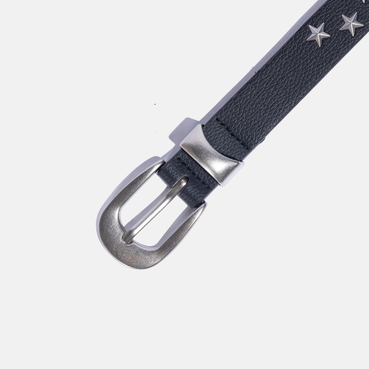Ad Astra Noir skinny black vegan leather star stud belt, view 2