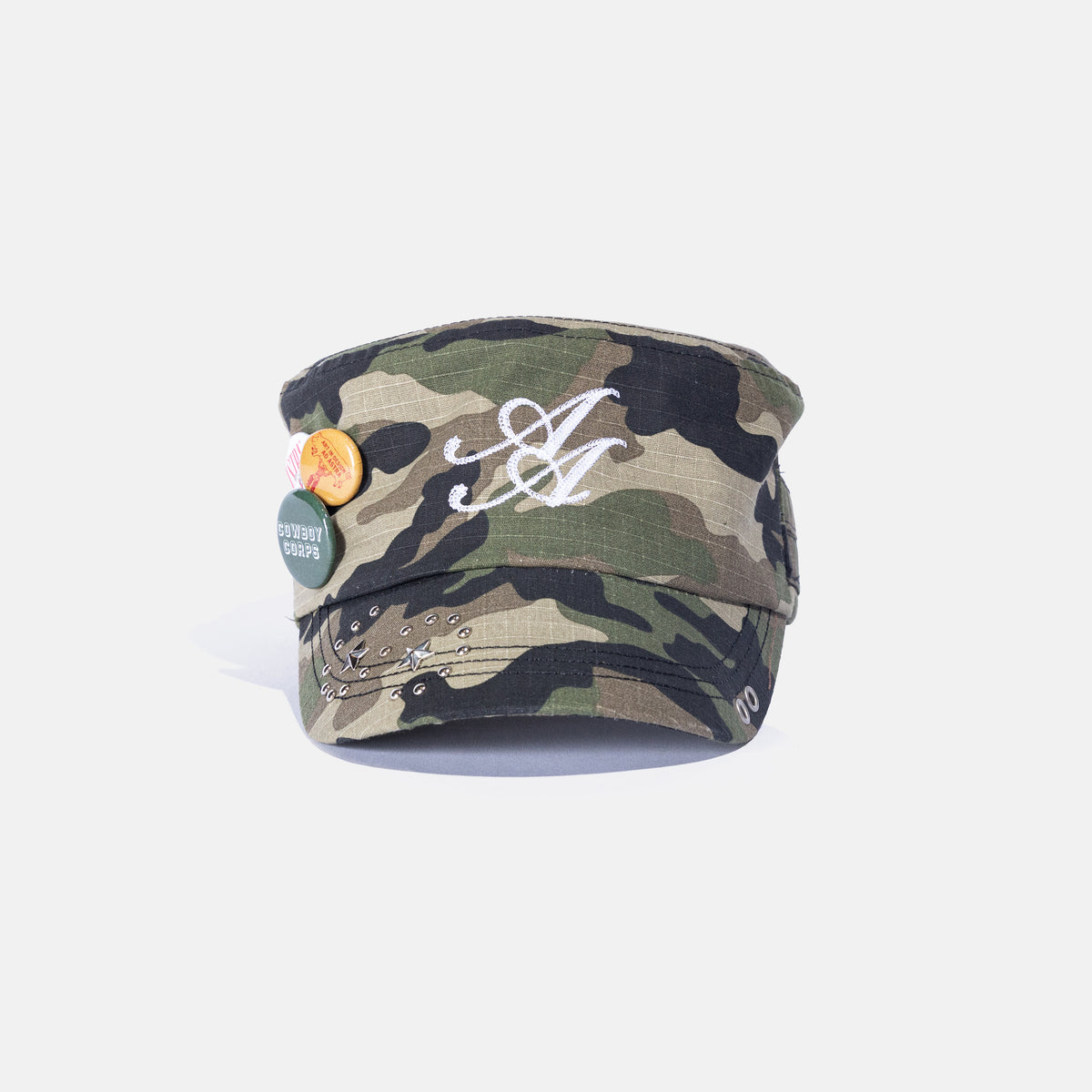 Ad Astra Camo cadet hat with embroidered AA logo, studded brim and pins