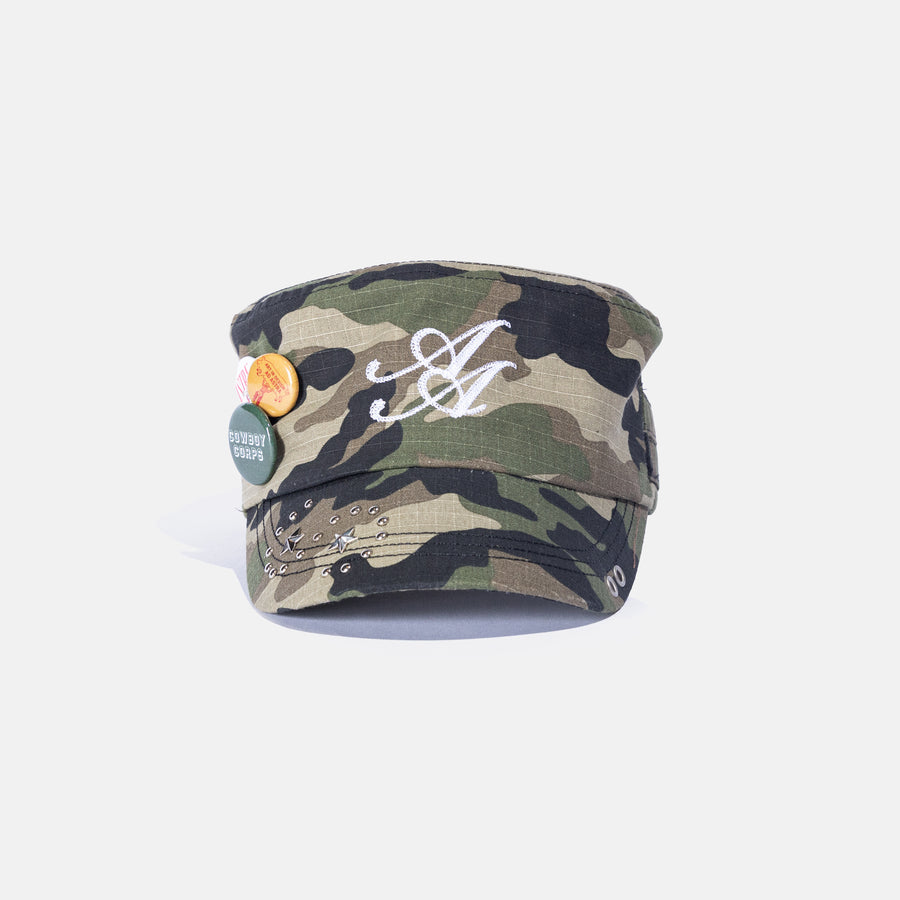 Ad Astra Camo cadet hat with embroidered AA logo, studded brim and pins