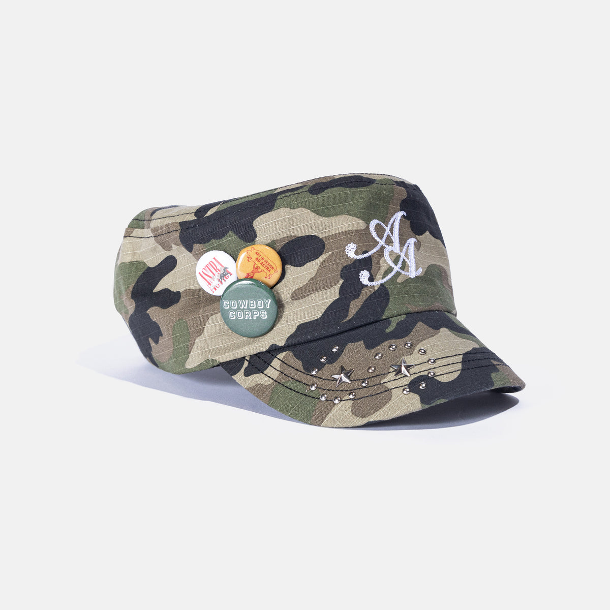 Ad Astra Camo cadet hat with embroidered AA logo, studded brim and pins, view 2