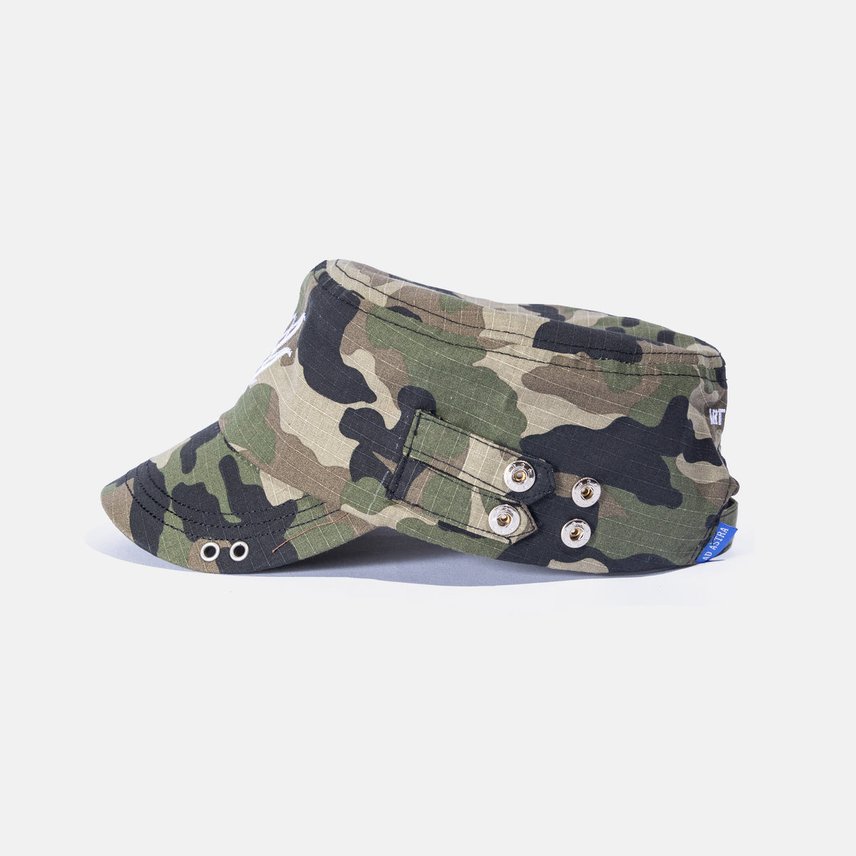 Ad Astra Camo cadet hat with embroidered AA logo, studded brim and pins, view 3