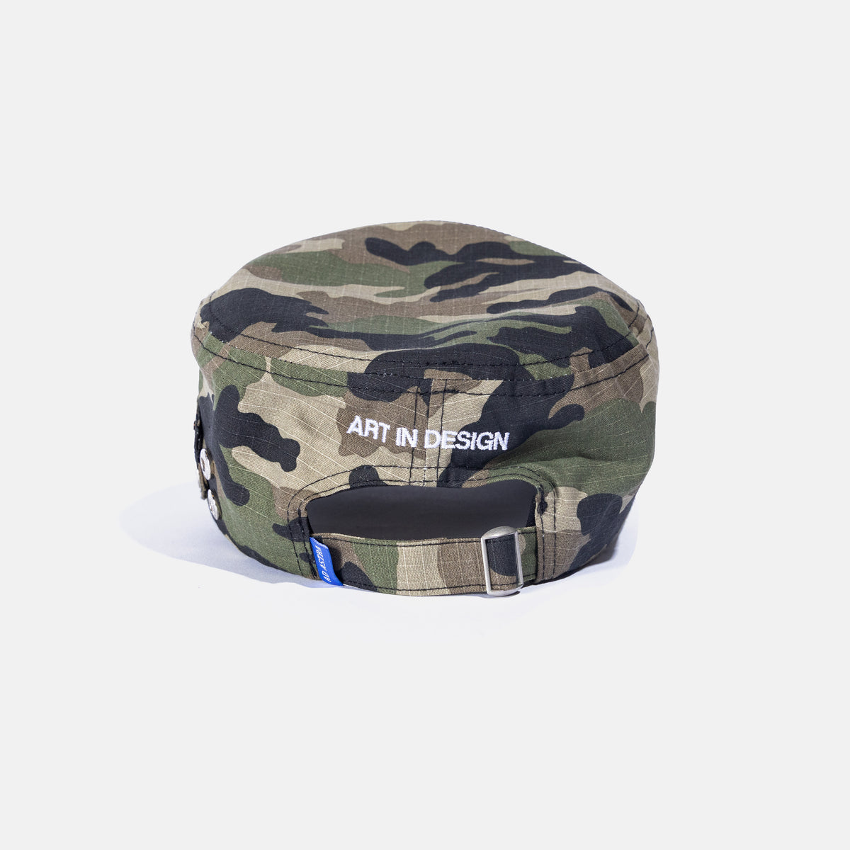 Ad Astra Camo cadet hat with embroidered AA logo, studded brim and pins, view 4