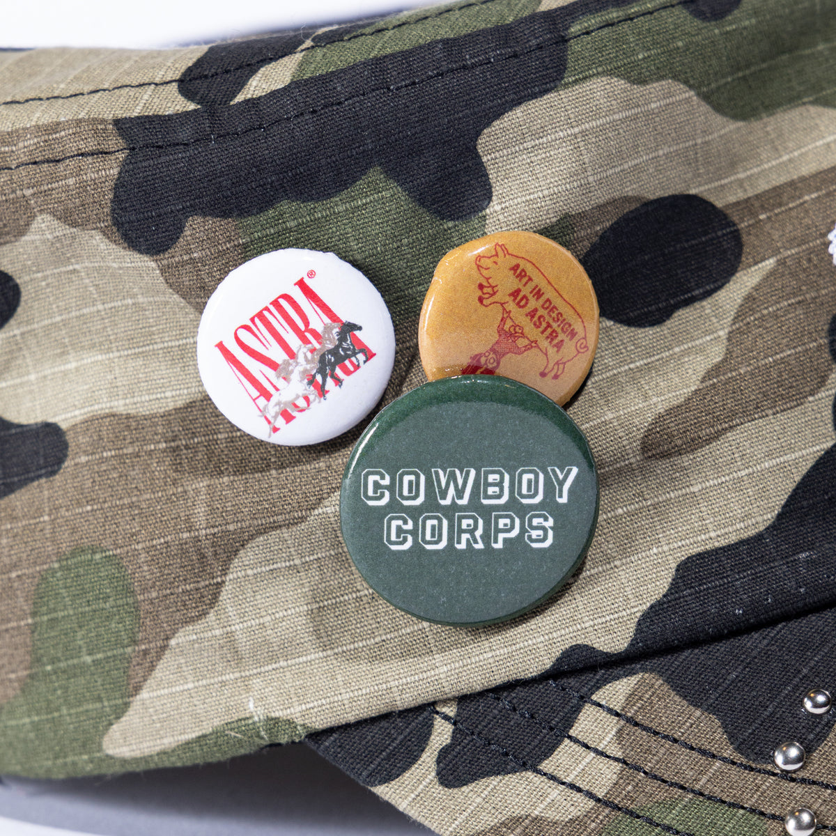 Ad Astra Camo cadet hat with embroidered AA logo, studded brim and pins, view 5