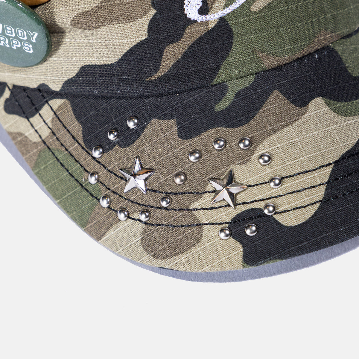 Ad Astra Camo cadet hat with embroidered AA logo, studded brim and pins, view 6