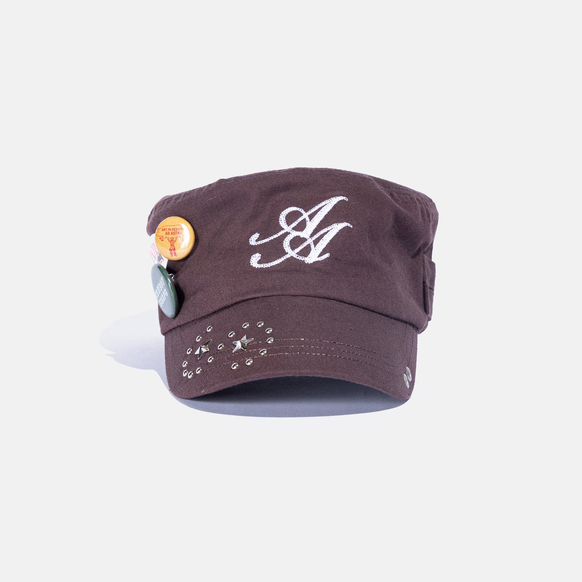 Ad Astra Brown cadet hat with embroidered AA logo, studded brim and pins