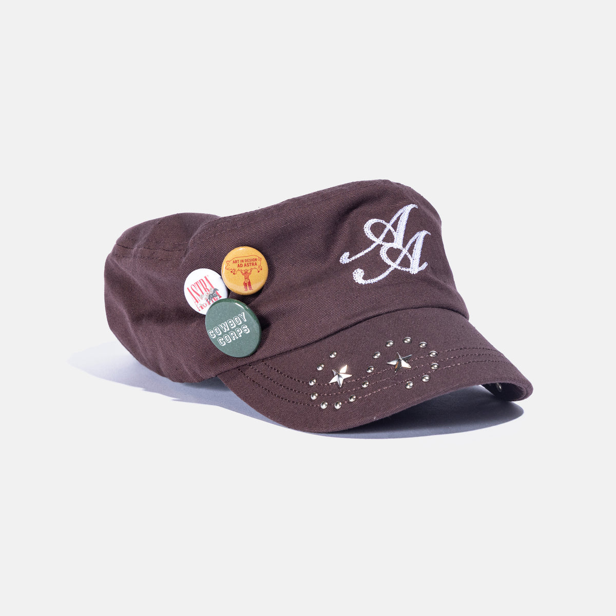 Ad Astra Brown cadet hat with embroidered AA logo, studded brim and pins, view 2