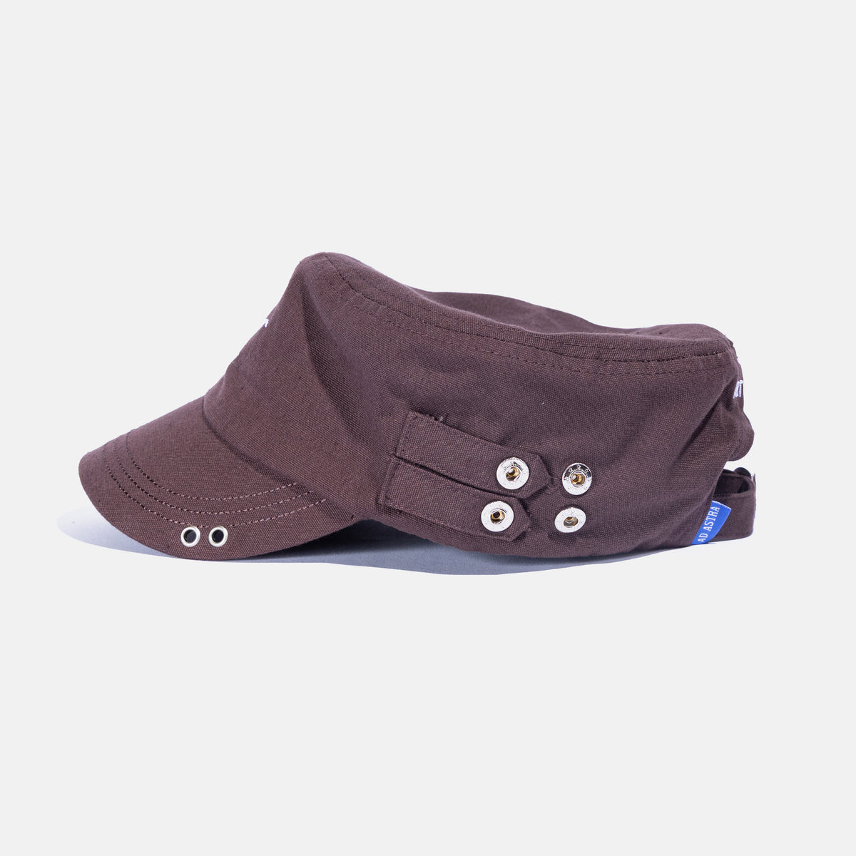 Ad Astra Brown cadet hat with embroidered AA logo, studded brim and pins, view 3