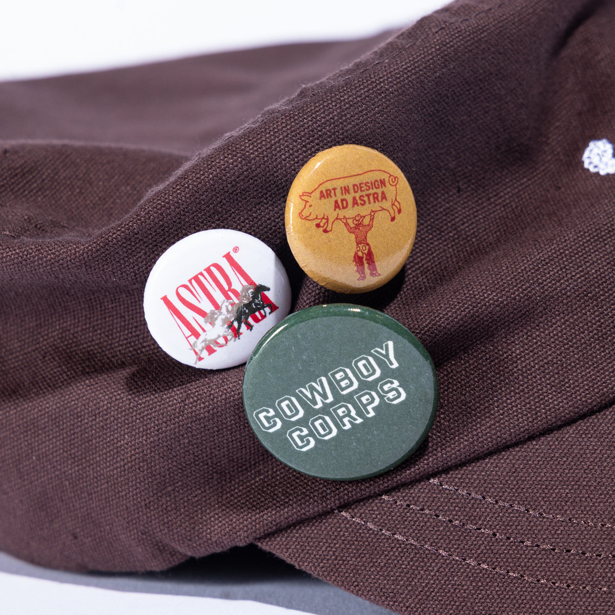 Ad Astra Brown cadet hat with embroidered AA logo, studded brim and pins, view 7