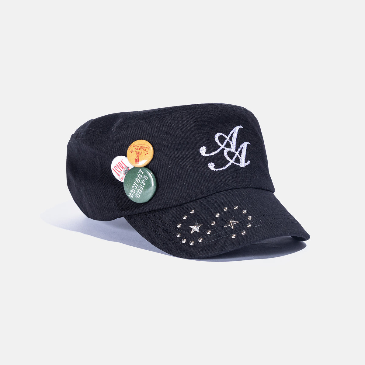 Ad Astra Black cadet hat with embroidered AA logo, studded brim and pins, view 2